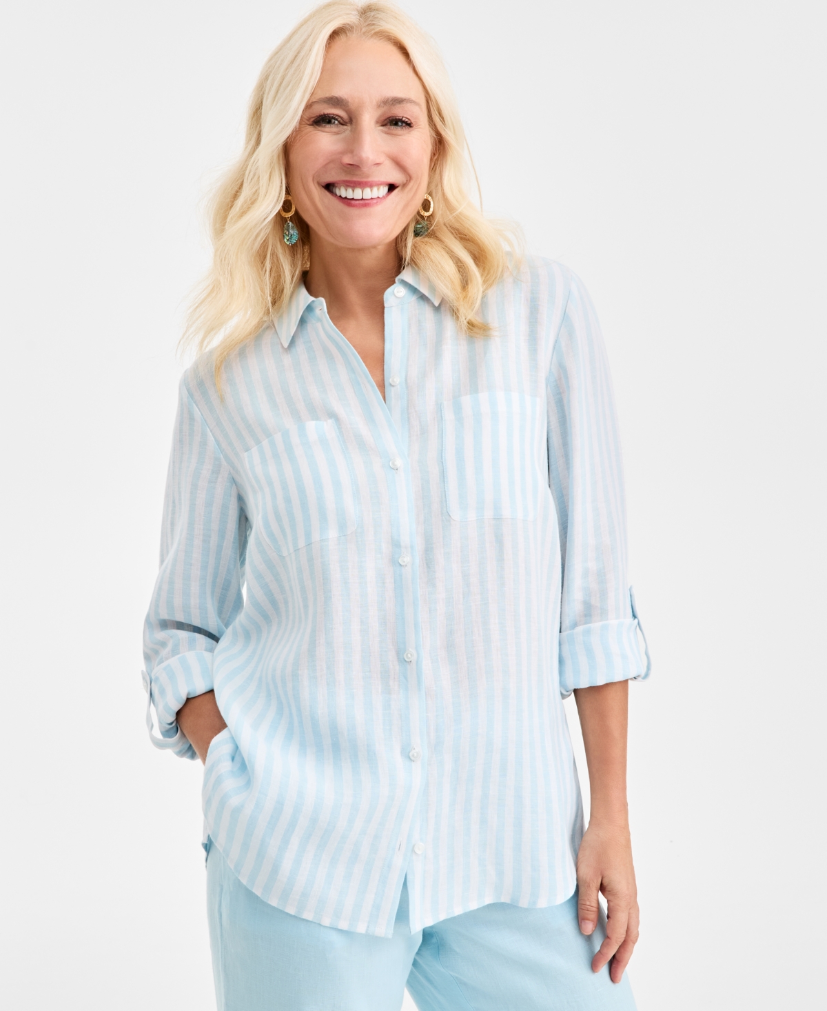 Charter Club Women's 100% Linen Stripe Roll-Tab-Sleeve Shirt, Macy's Exclusive