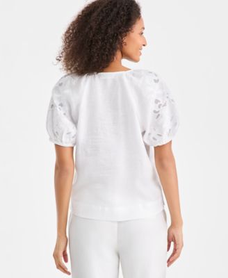 Women's 100% Linen V-Neck Appliqu&eacute;-Sleeve Top