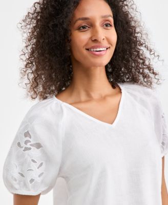 Women's 100% Linen V-Neck Appliqu&eacute;-Sleeve Top