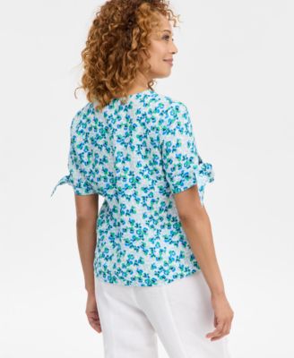 Women's 100% Linen Tie-Cuff Split-Neck Top, Macy's Exclusive