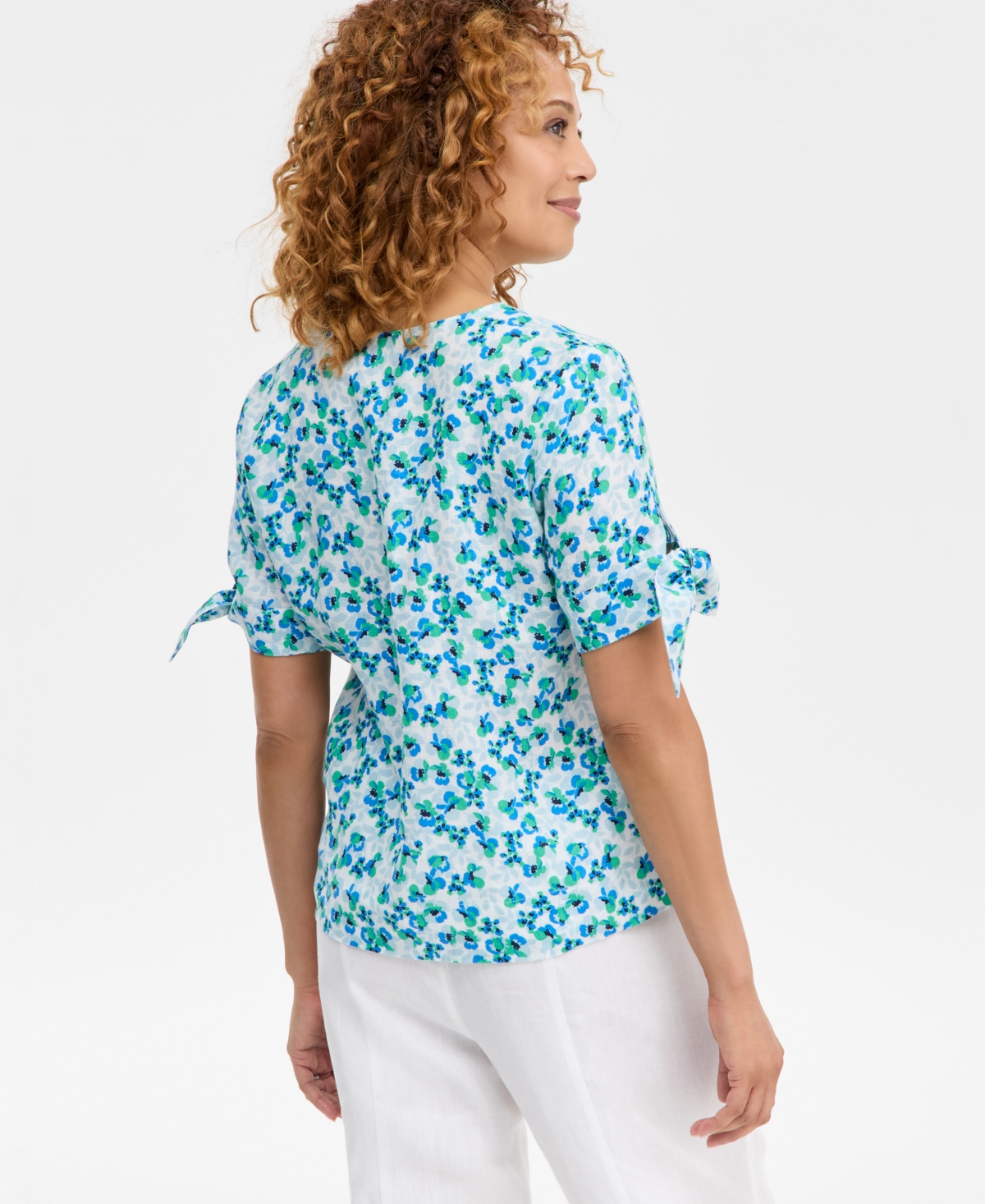 Charter Club Women's 100% Linen Poppy Floral Tie-Cuff Split-Neck Top, Macy's Exclusive