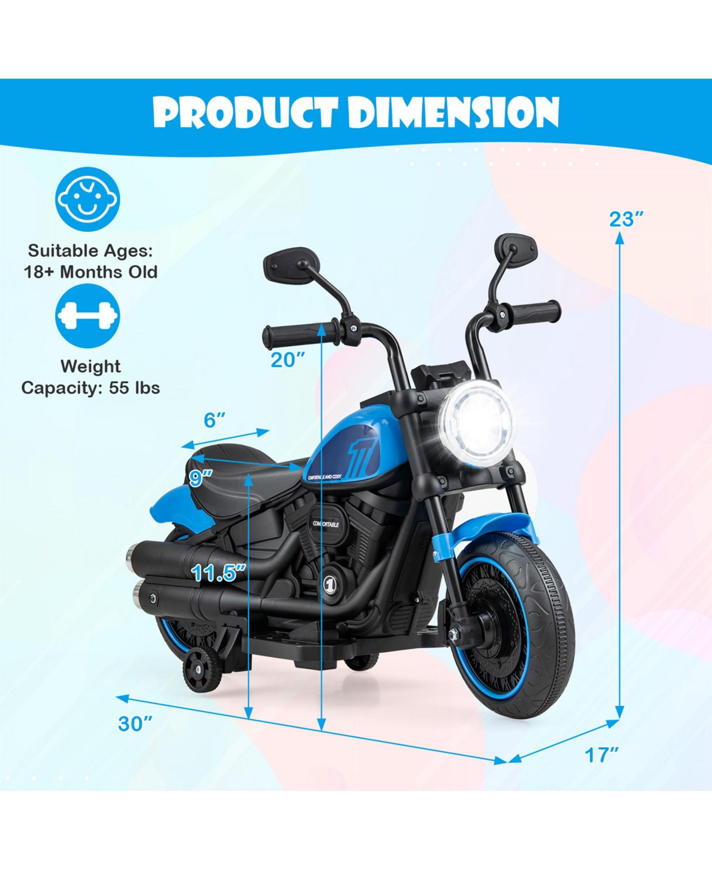 Детская игрушка Costway 6V Electric Motorcycle with Training Wheels & LED Headlight Ride-On, 55 lb. Capacity, Ages 18-36 Months, цвет: Синий — фото 2