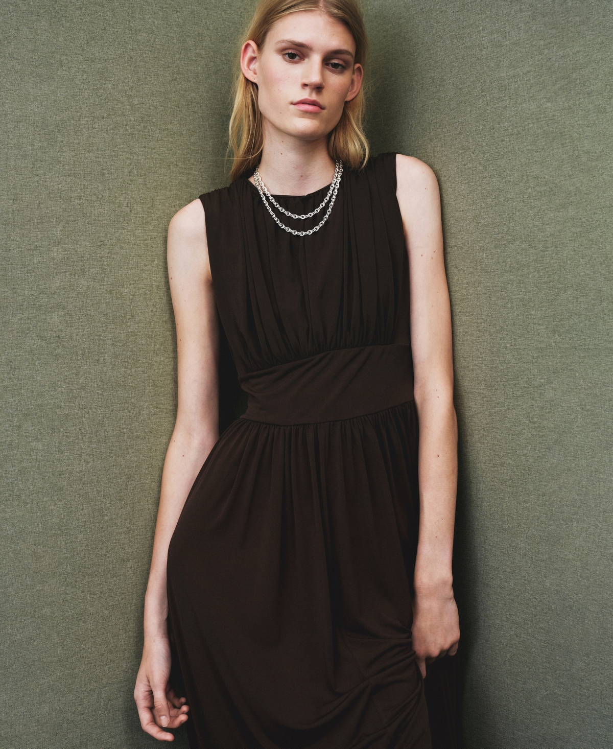 Mango Long Gathered Dress Brown In Brown