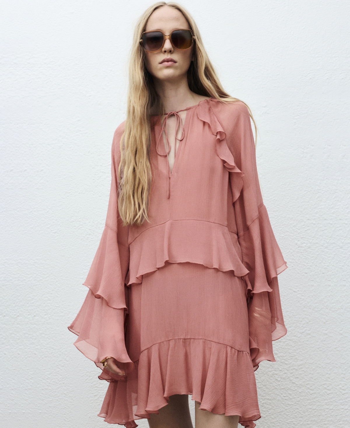Mango Women's Ruffled Sleeves Flared Dress
