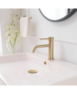Single-Handle Single Hole Low-Arc Bathroom Faucet Bathroom with Drain Assembly Drip-Free Vanity Sink Faucet in Brushed Gold