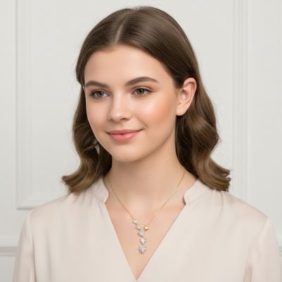 14K Gold Plated with Clear Cubic Zirconia Six Hearts Drop Necklace