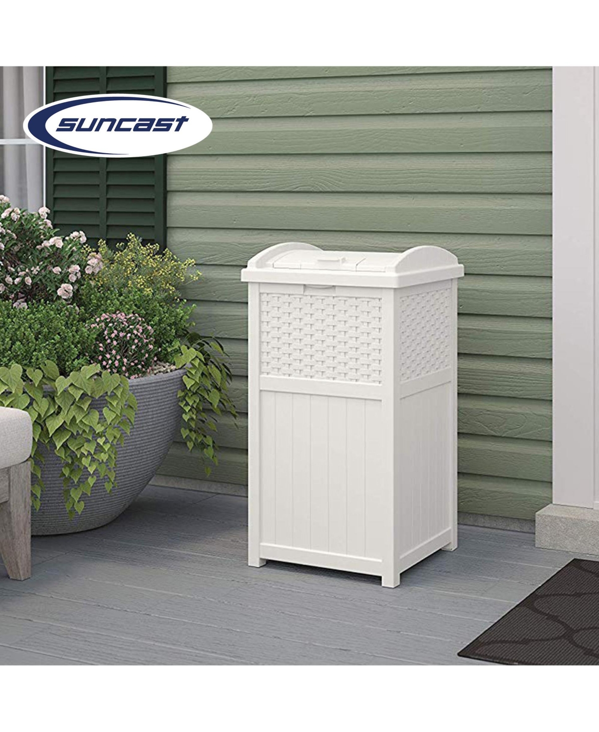 Suncast Wicker Resin Outdoor Hideaway Trash Can Bin with Latching Lid (2 Pack)