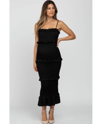 Olive Satin Smocked Fitted Maternity Maxi Dress