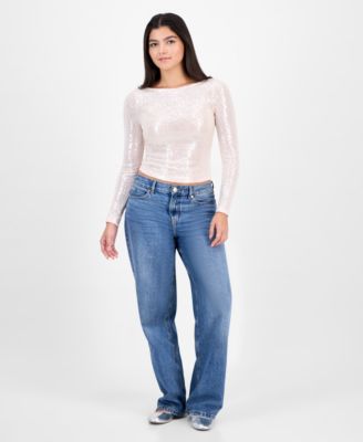 Juniors' Sequined Long-Sleeve Cropped Top