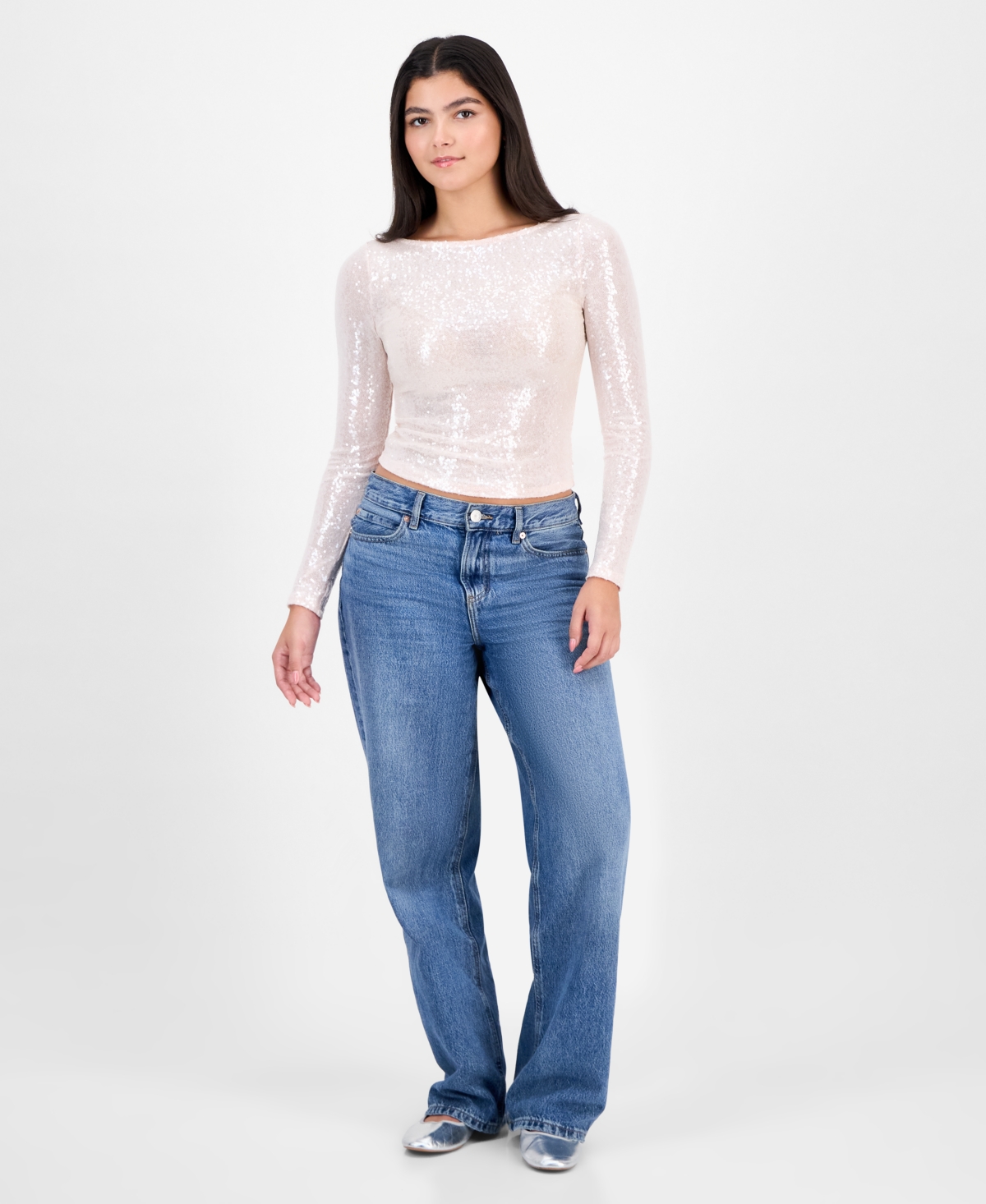 Madden Girl Juniors' Sequined Long-Sleeve Cropped Top