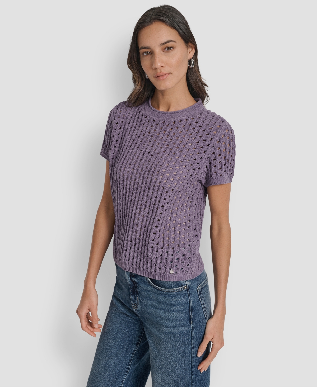 Dkny Jeans Women's Open Stitch Crewneck Short-sleeve Sweater In Purple