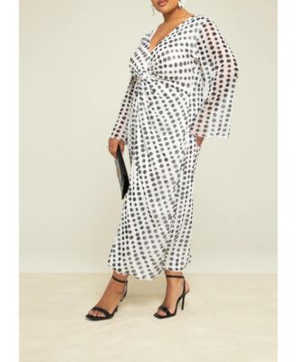 Women's Long Sleeve V-Neck Polka Dot Midi Dress