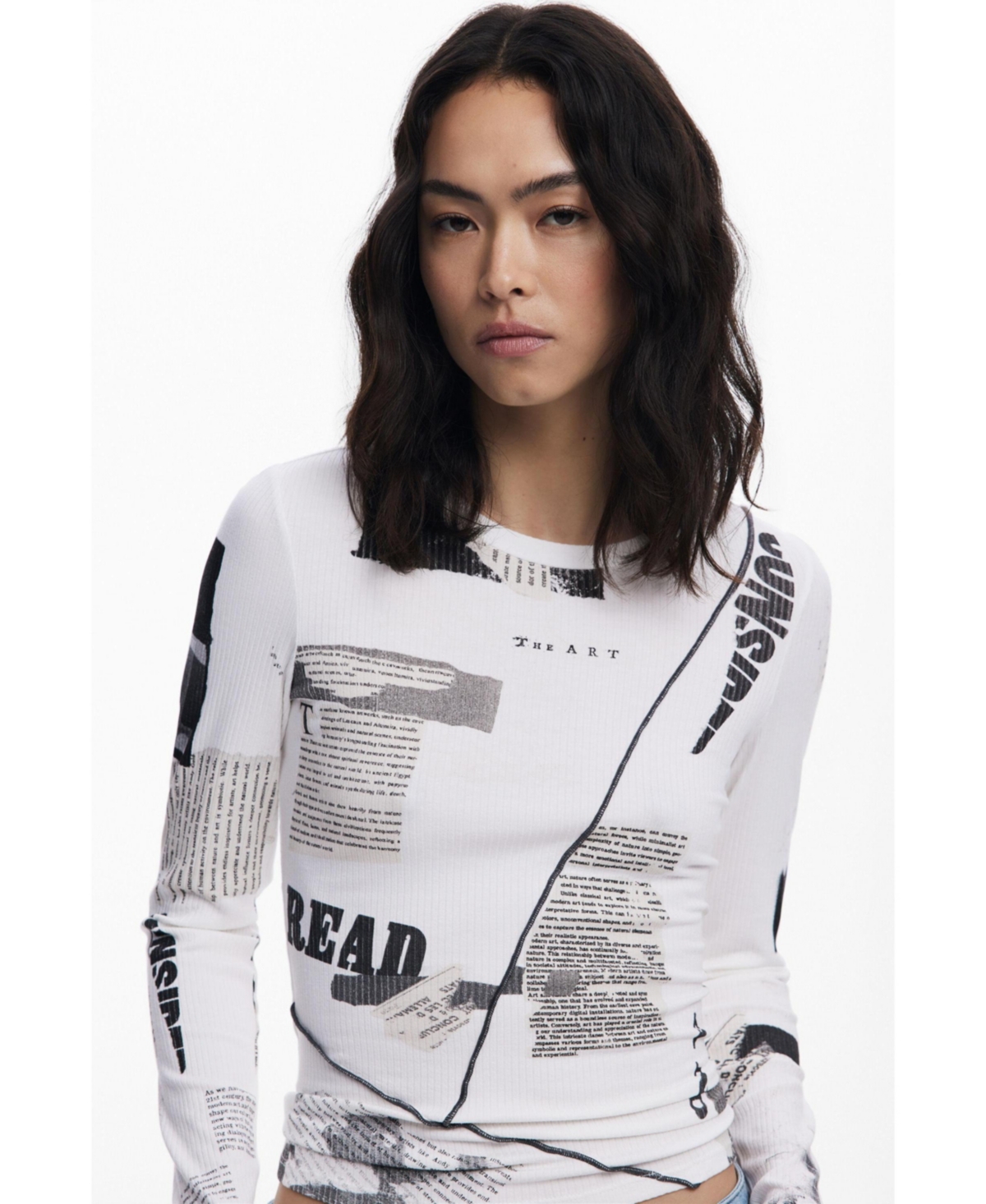 Desigual Mixed Print Long Sleeve Knit Top In White