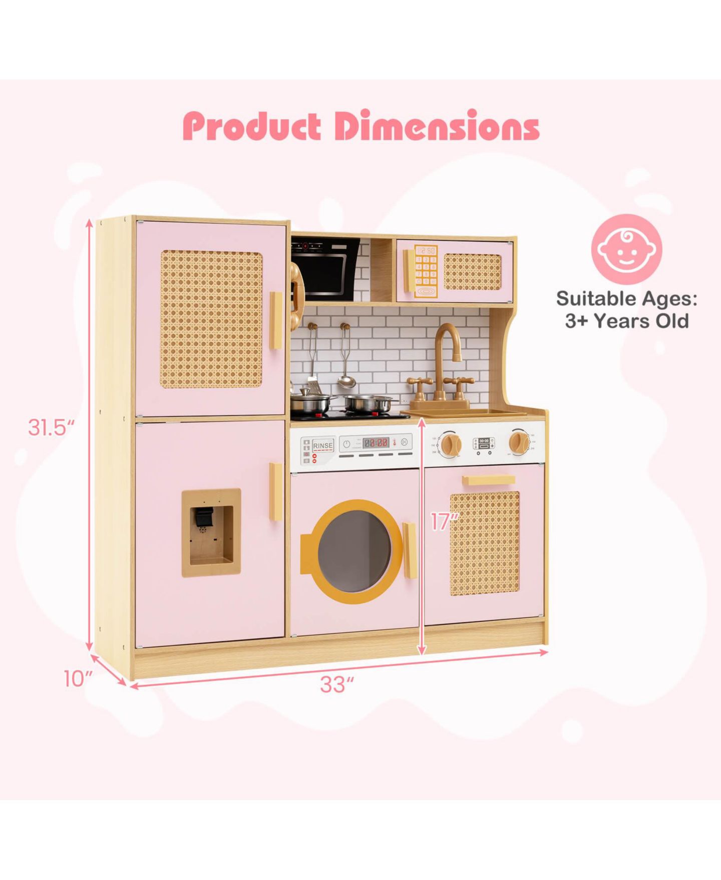 Детские игрушки Costway Interactive Lights and Sounds Wooden Kitchen Playset, 5-Piece Set, Ages 3+, цвет: Розовый — фото 2