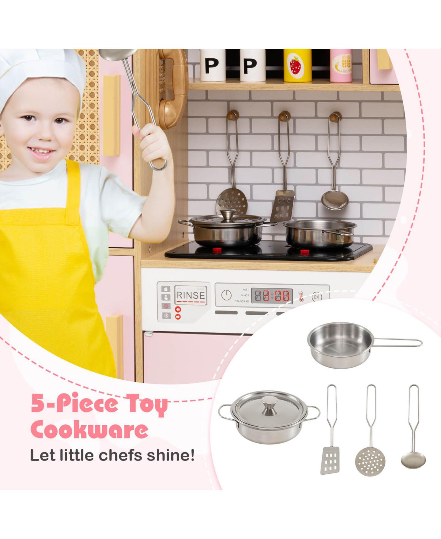 Детские игрушки Costway Interactive Lights and Sounds Wooden Kitchen Playset, 5-Piece Set, Ages 3+, цвет: Розовый — фото 10
