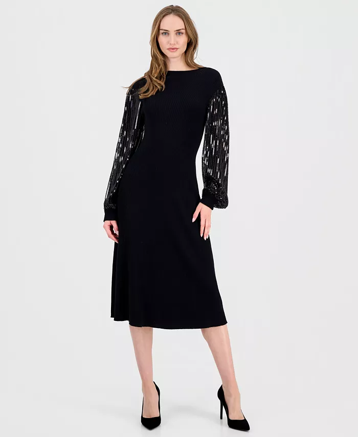 Women's Embellished-Sleeve Ribbed Dress
