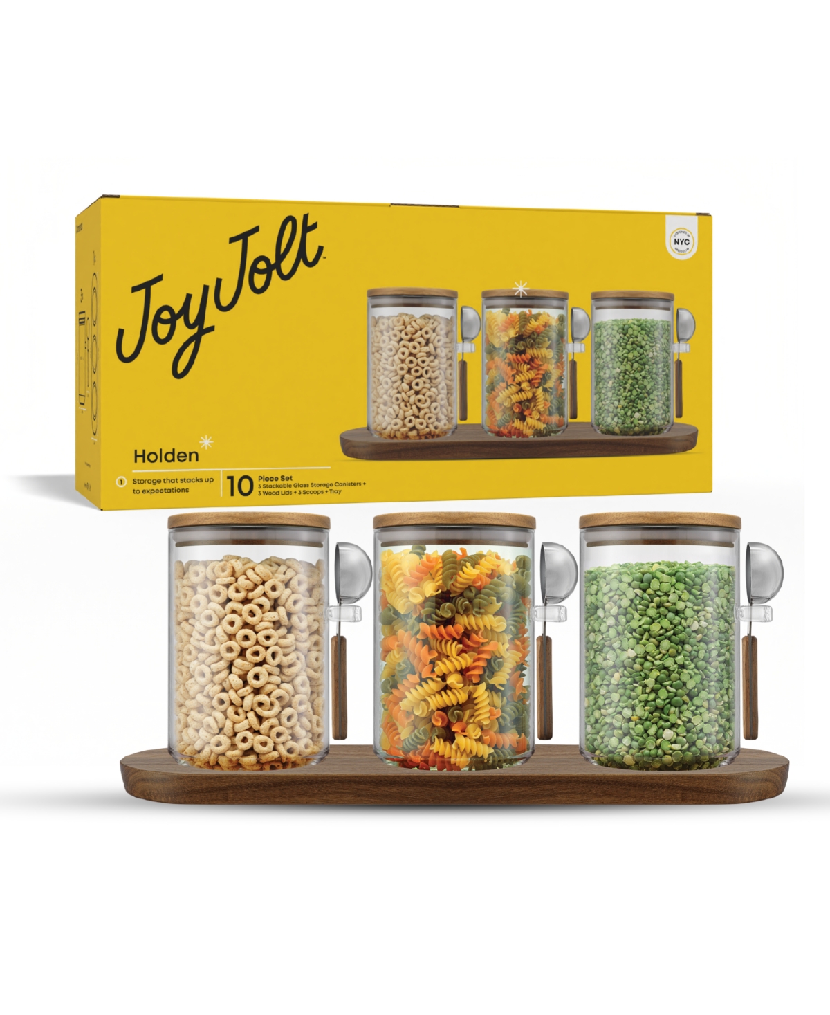 Joyjolt Holden Stackable Glass Storage Canister With Wood Lids And Tray, Set Of 3 In Transparent