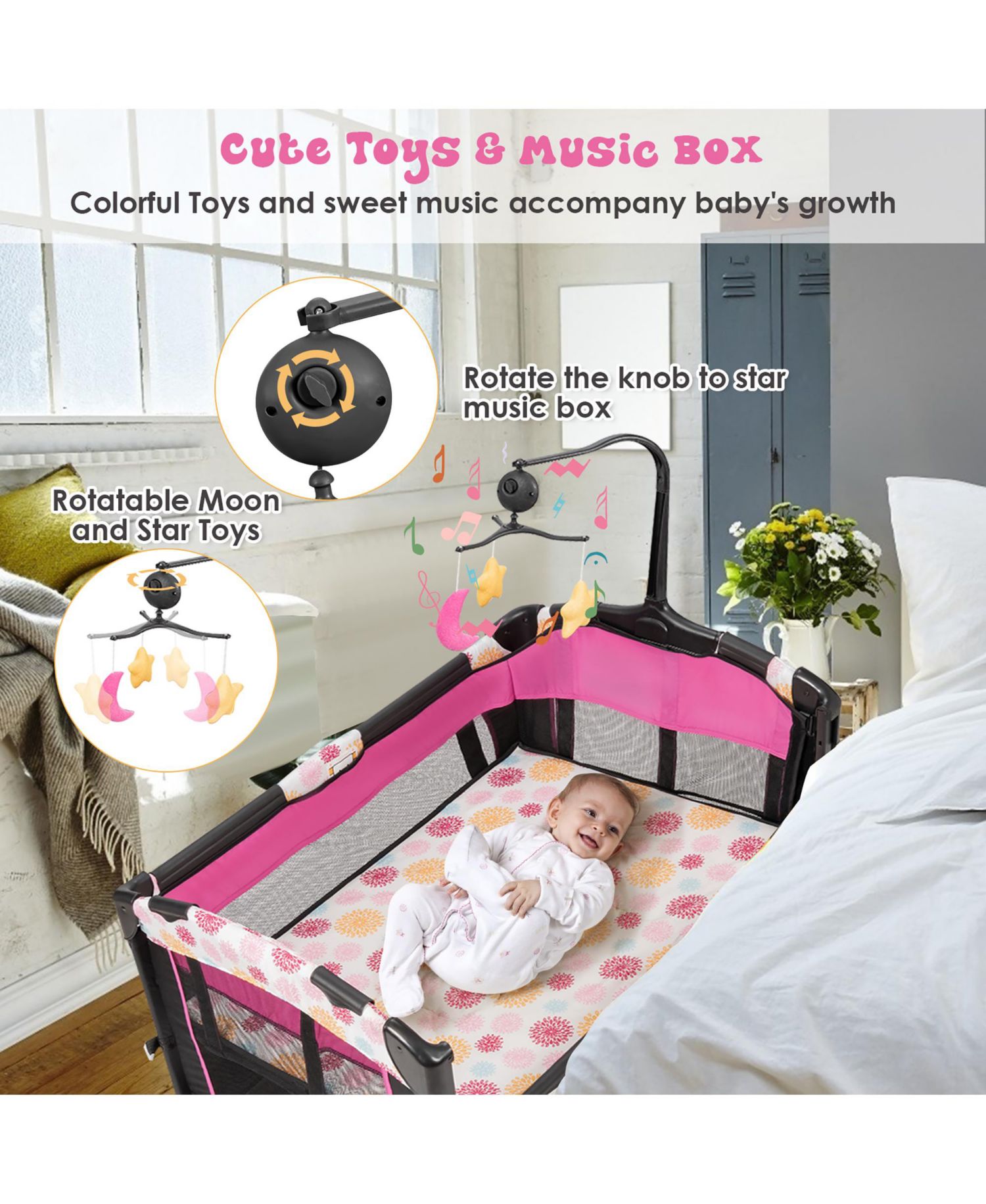 Baby Bedside Sleeper Portable Bassinet 4-in-1 Rolling Bassinet