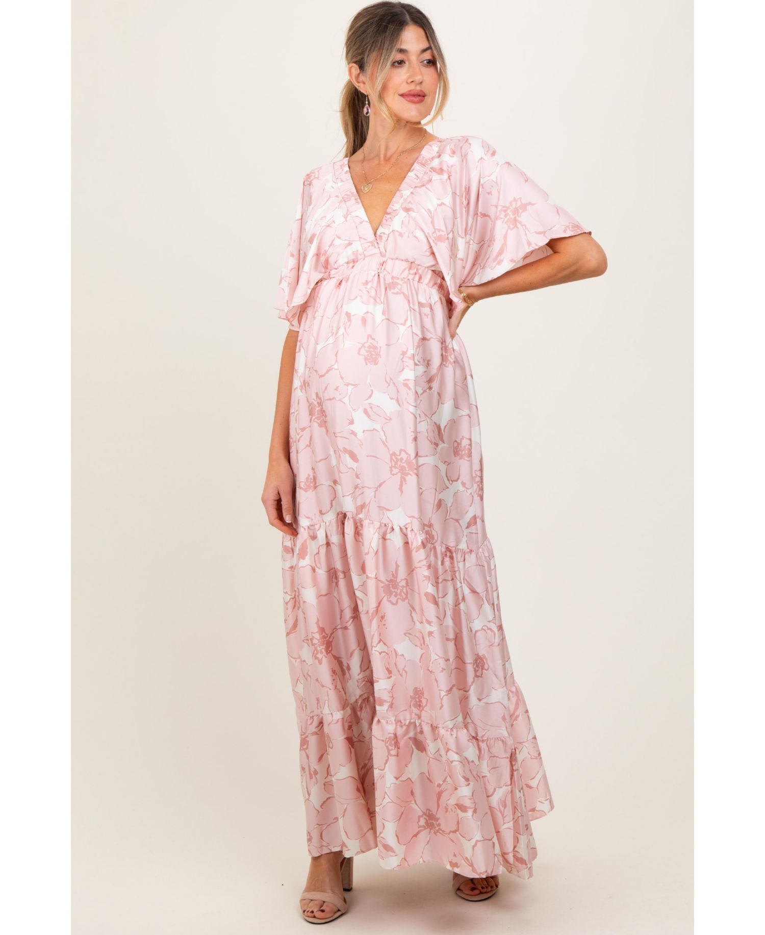 Maternity Floral Short Sleeve Deep V-Neck Tiered Maternity Maxi Dress