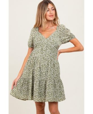 Maternity Light Olive Floral Tiered V-Neck Maternity Mini Dress
