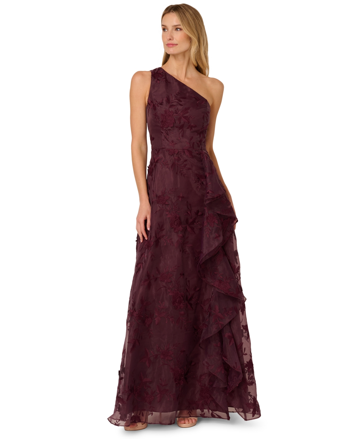 Adrianna Papell Women's Embroidered Ruffle Gown In Purple