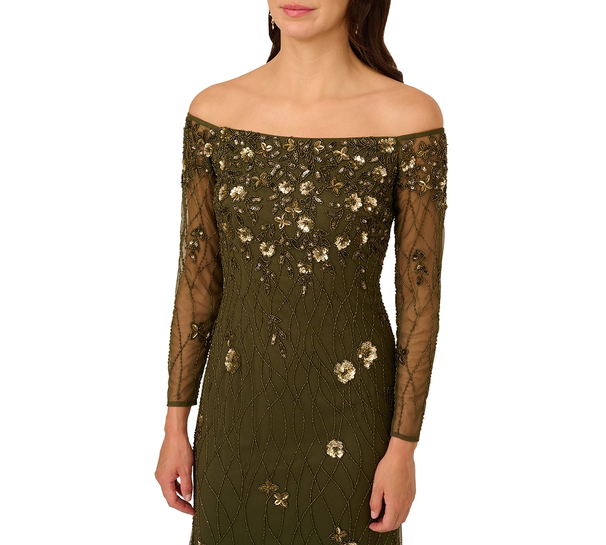 Adrianna Papell Women's Off-the-shoulder Bead Dress In Green