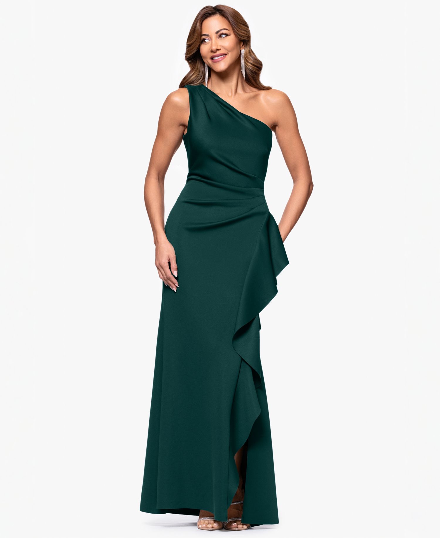 Petite Ruffled One-Shoulder Scuba Gown