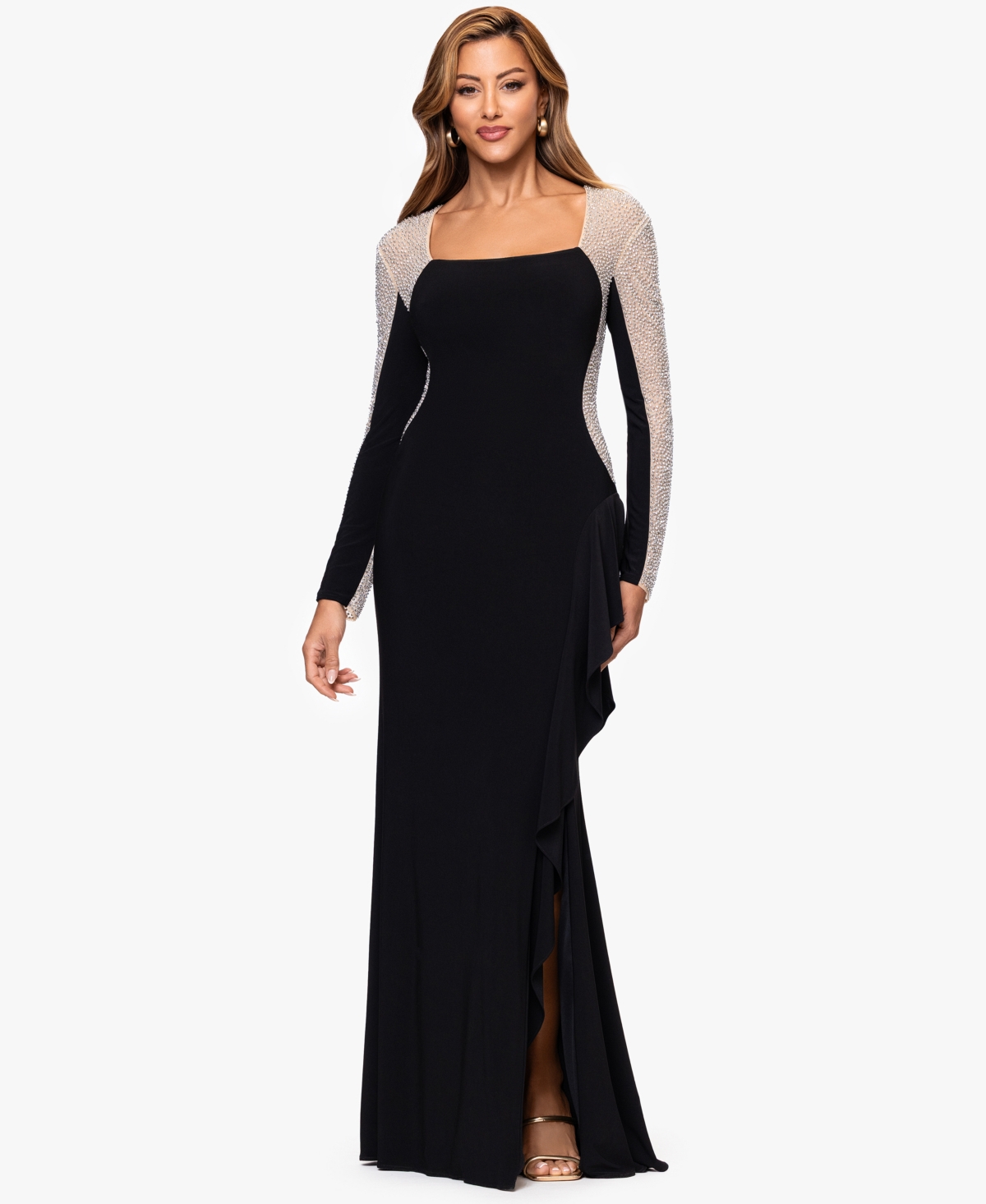 Xscape Petite Long Beaded Sleeve Dress In Black