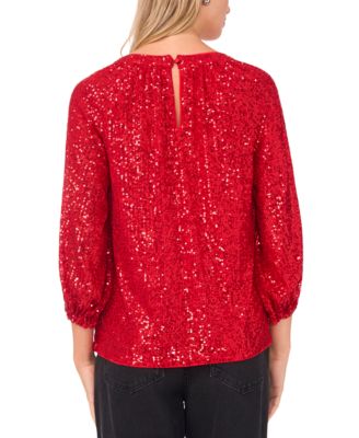Women's Crewneck Keyhole Sequin Puff 3/4-Sleeve Top