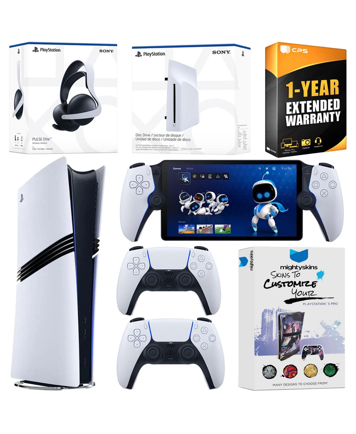 Sony PlayStation 5 Pro Digital Bundle with Disc Drive, Extra Controller, Pulse Elite Headset, PlayStation Portal, MightySkins Voucher and 1 Year Exten