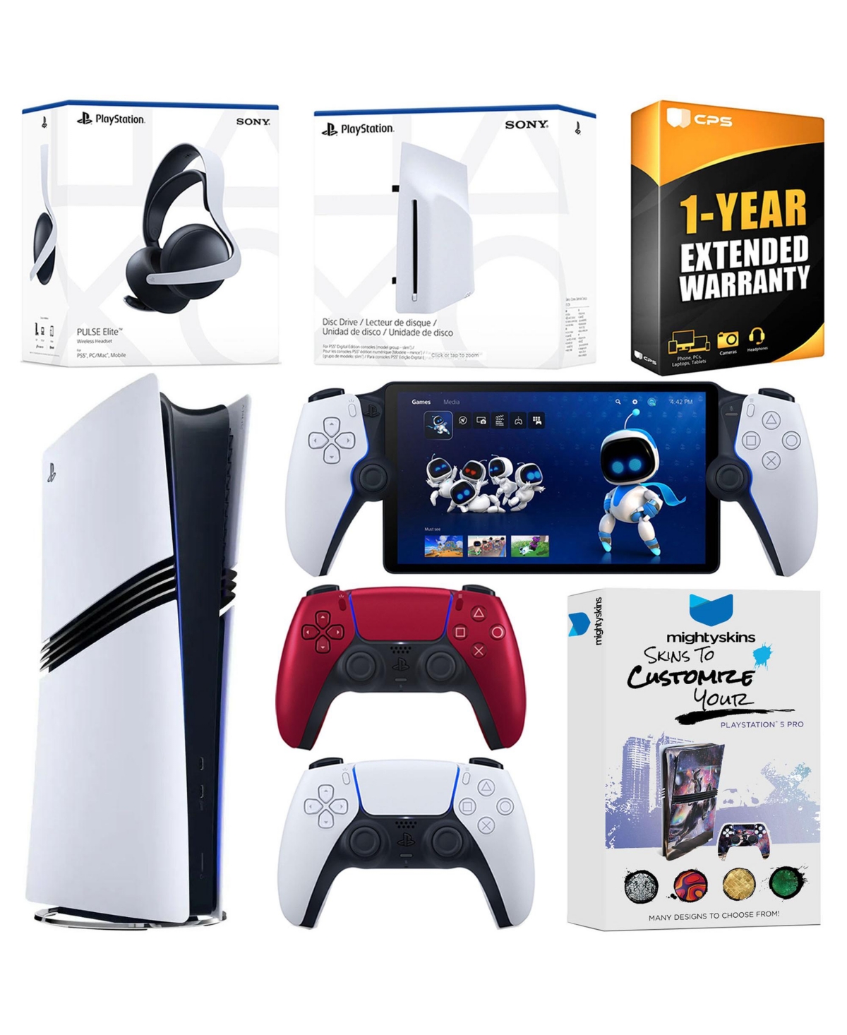 Sony PlayStation 5 Pro Digital Bundle with Disc Drive, Extra Controller, Pulse Elite Headset, PlayStation Portal, MightySkins Voucher and 1 Year Exten