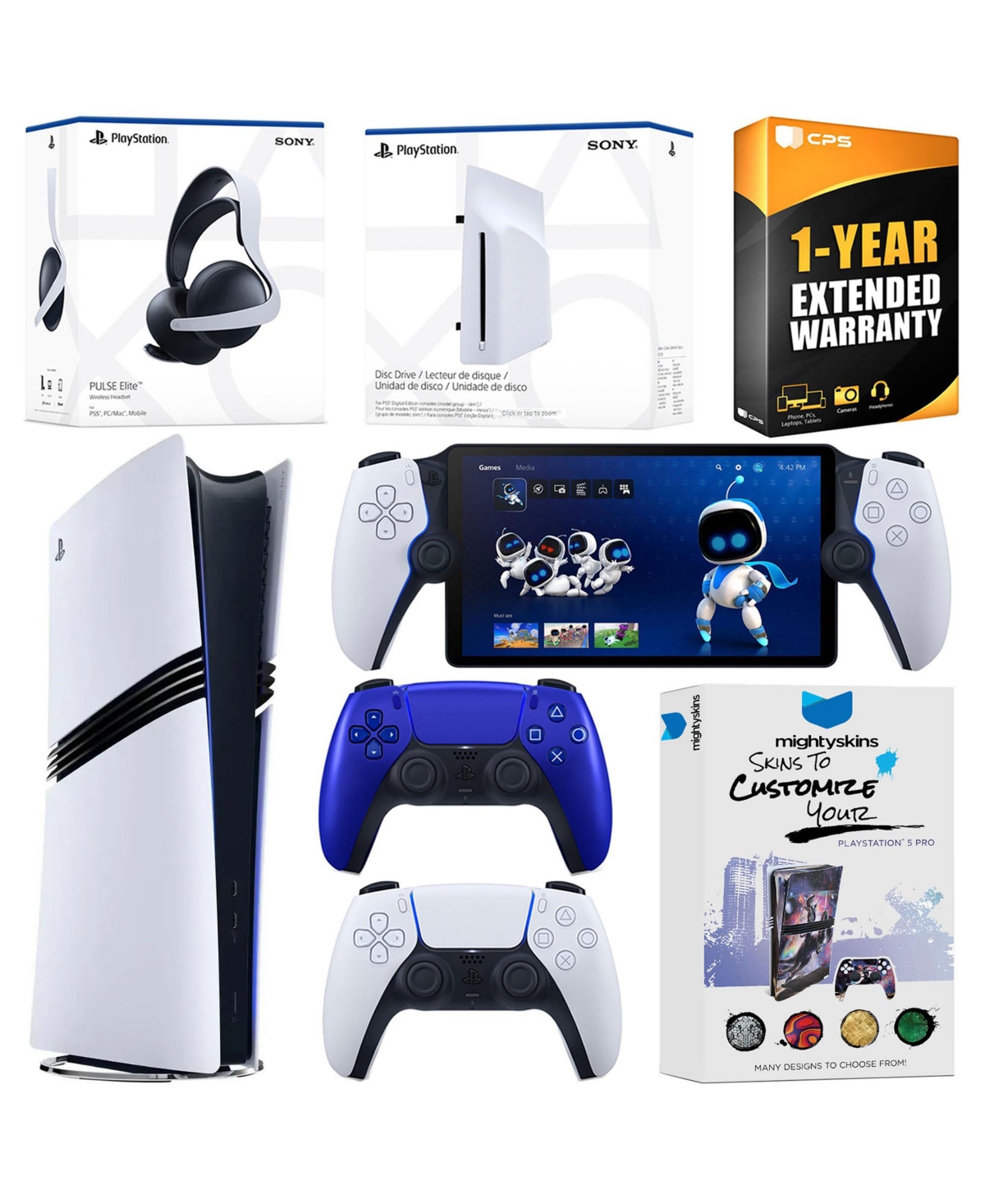 Sony PlayStation 5 Pro Digital Bundle with Disc Drive, Extra Controller, Pulse Elite Headset, PlayStation Portal, MightySkins Voucher and 1 Year Exten