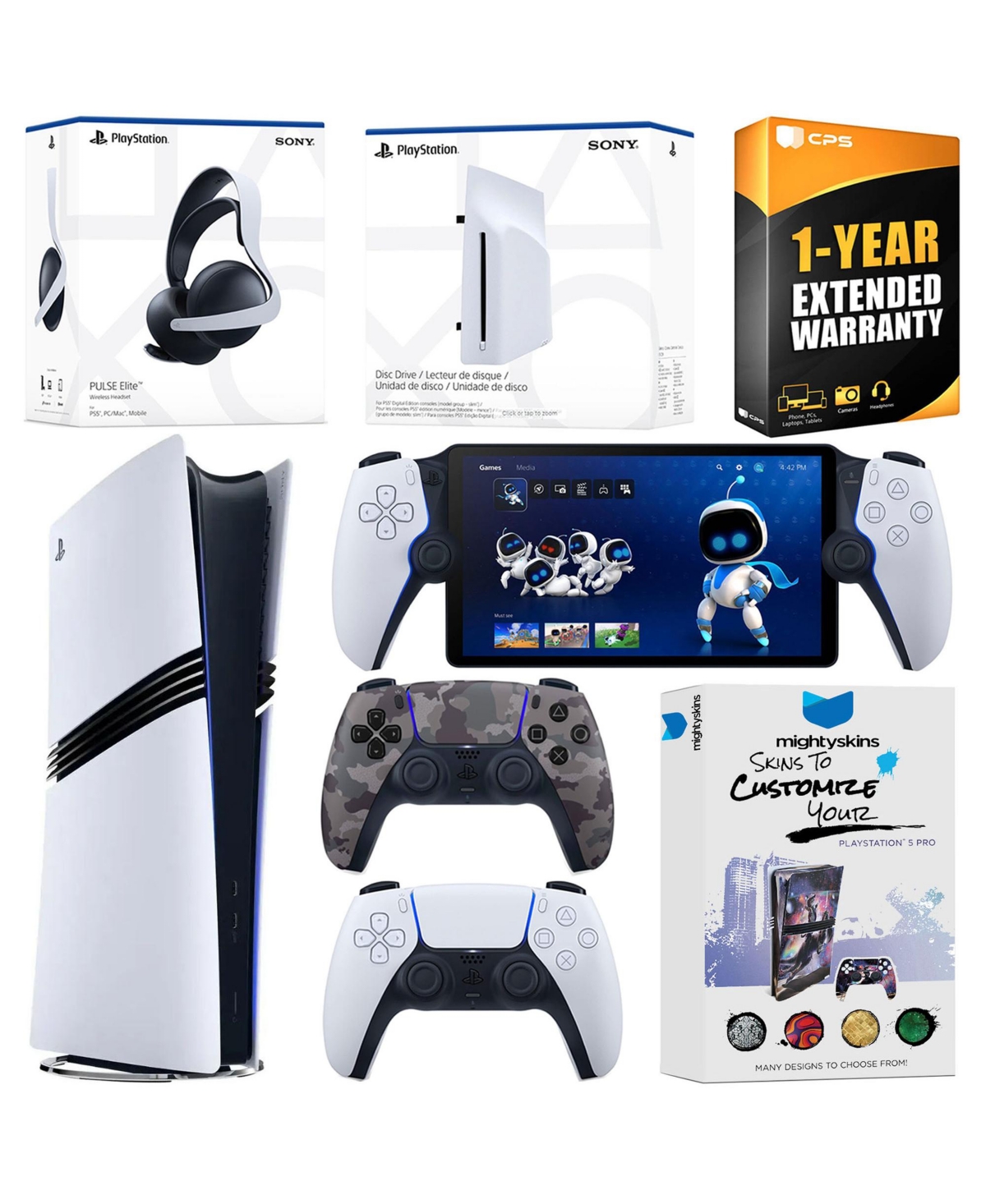 Sony PlayStation 5 Pro Digital Bundle with Disc Drive, Extra Controller, Pulse Elite Headset, PlayStation Portal, MightySkins Voucher and 1 Year Exten