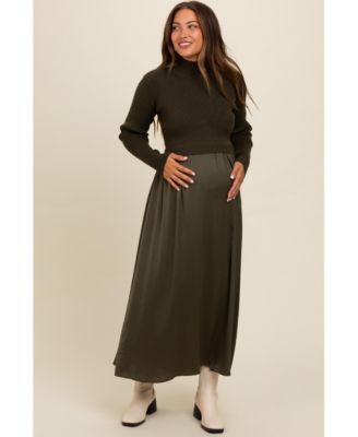 Maternity Olive Knit Contrast Top Satin Midi Dress
