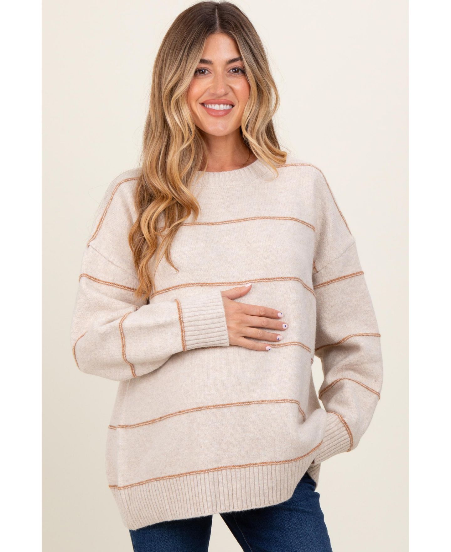 Женский свитер Pinkblush Olive Striped Drop Shoulder, цвет: Бежевый — фото 1
