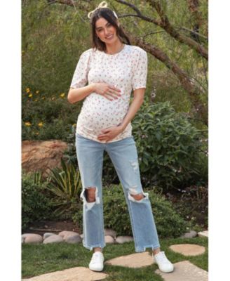 Light Blue Distressed Cutout Maternity Straight Leg Ankle Jeans