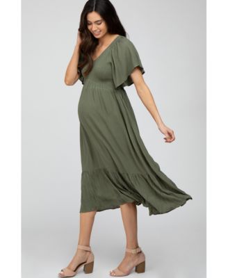 Olive Smocked Ruffle Maternity Dress