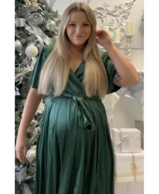 Maternity Green Side Slit Satin Maternity Maxi Dress