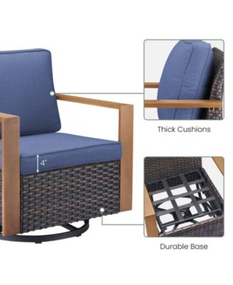 CubeEdge Brown Wicker Patio Swivel Chair Set Outdoor Rocking Chair with CushionGuard Blue Cushions (2-Pack)