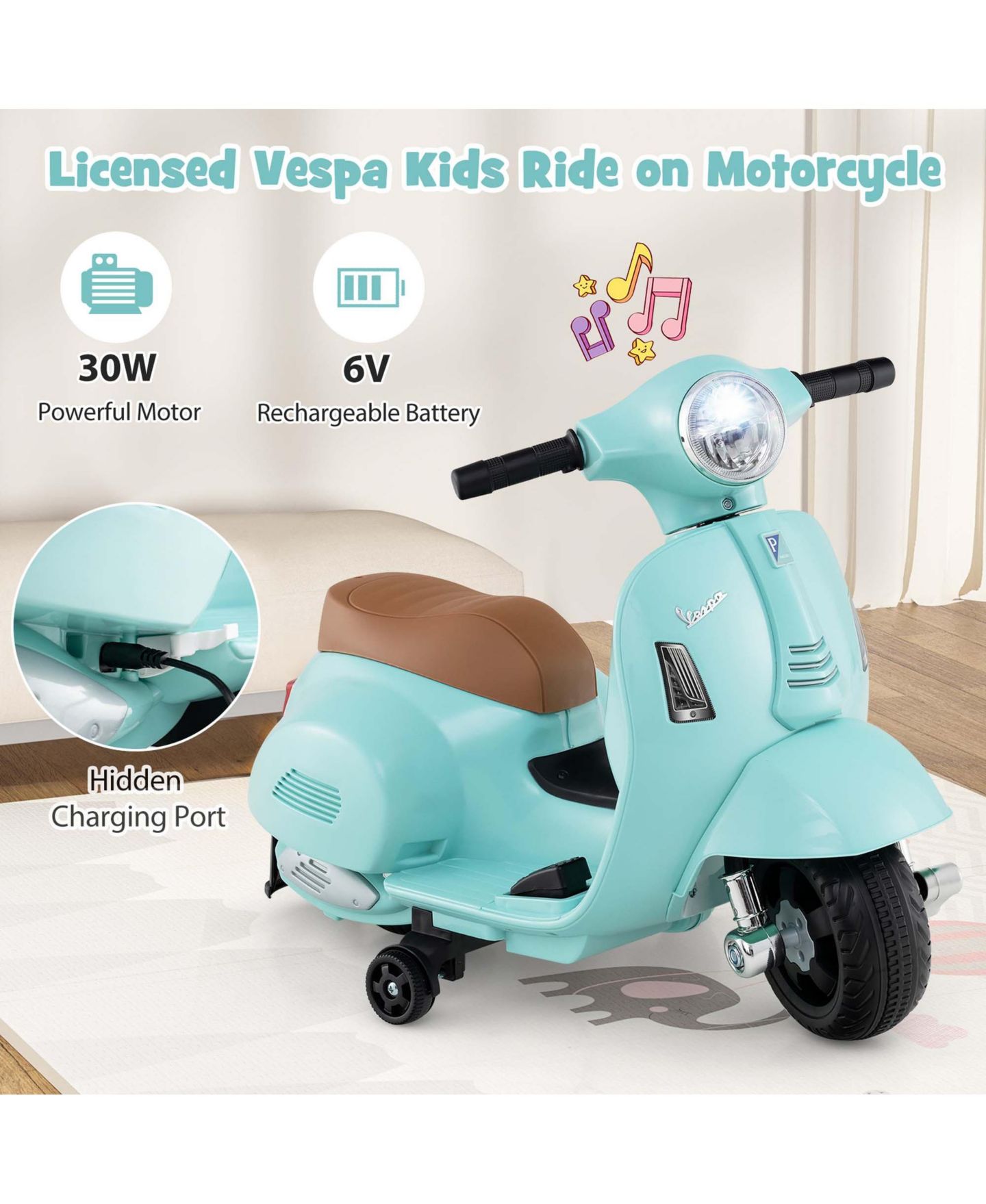 Детская игрушка Costway Vespa Battery-Powered 6V Kids Ride-On Motorcycle with Training Wheels, 55 lbs Capacity, Ages 18-36 Months, цвет: Зелёный — фото 7
