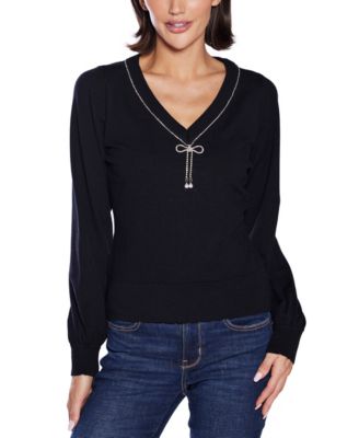  Women's V-Neck Rhinestone-Bow Sweater