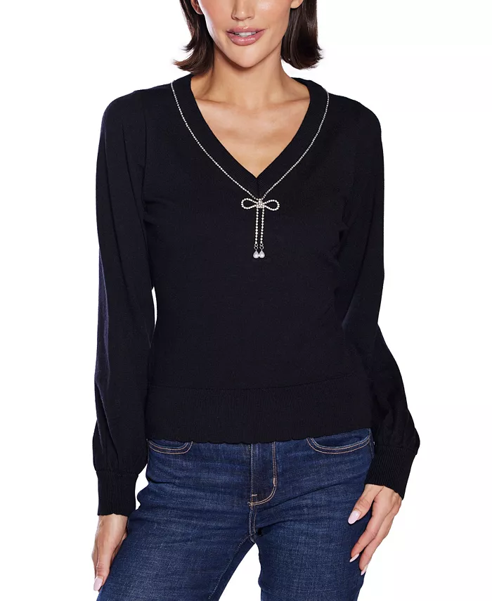 Women's V-Neck Rhinestone-Bow Sweater - thumbnail 10
