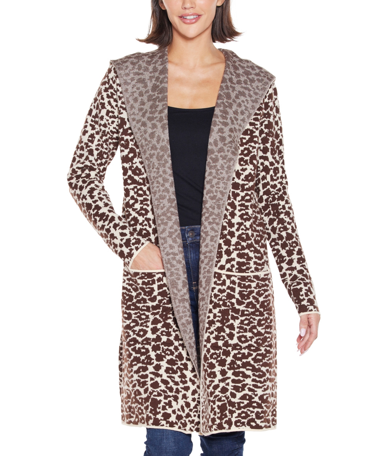 Belldini Plus Size Urban Safari Hooded Coatigan Sweater In Animal Print
