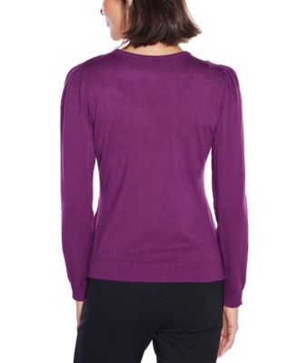  Women's Puff Sleeve Embellished Neckline Sweater