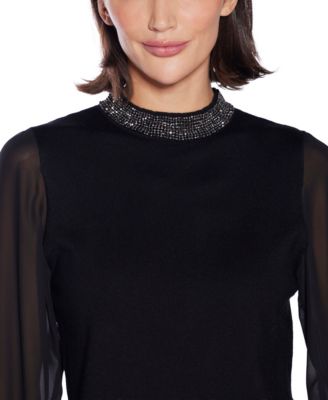 Black Label Women’s Rhinestone-Neckline Chiffon-Sleeve Sweater