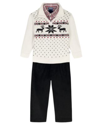 IZOD - Baby Boys 3-Piece Reindeer Fairisle Sweater, Shirt and Pants Set