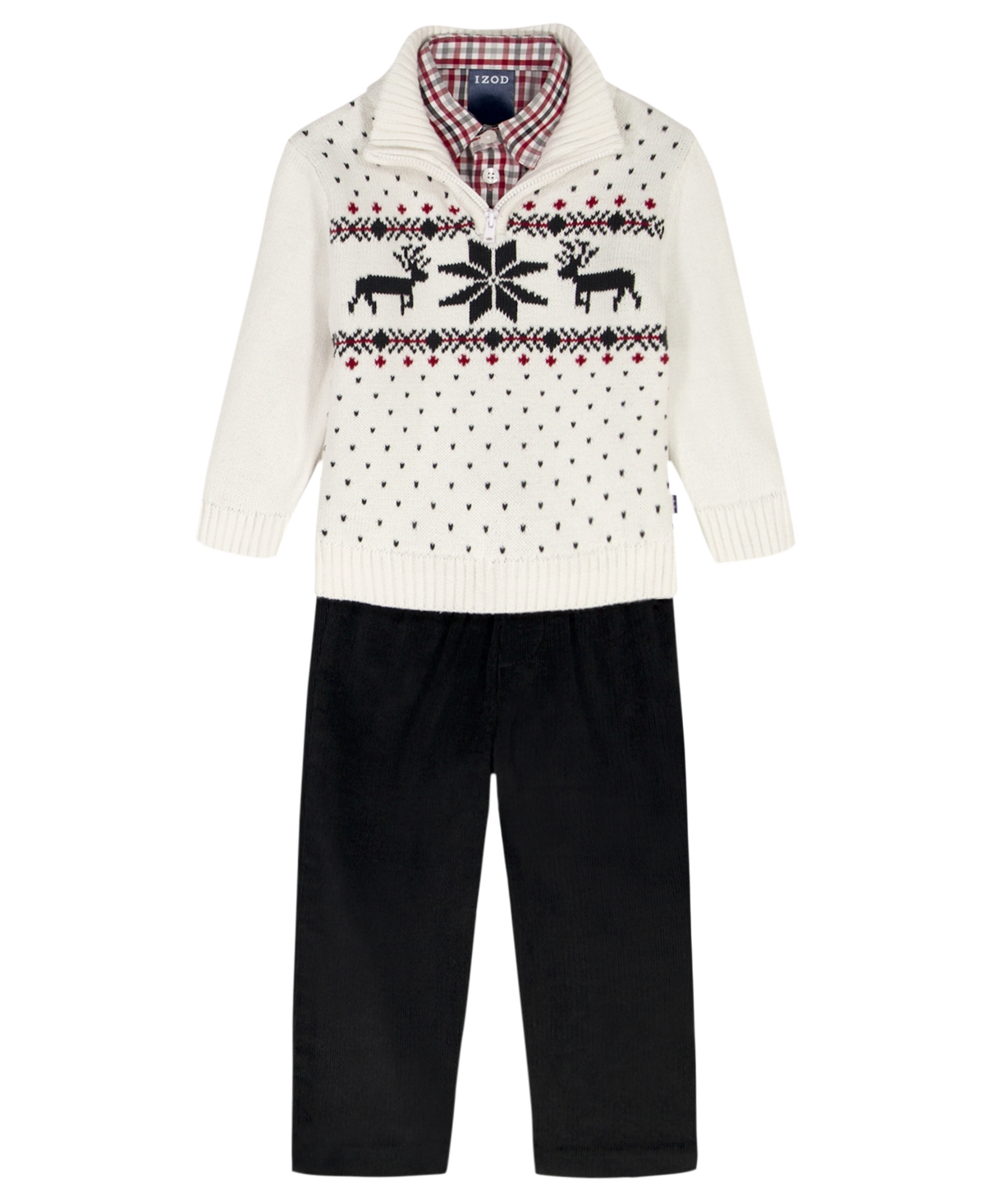 Izod Baby Boys 3-Piece Reindeer Fairisle Sweater, Shirt and Pants Set