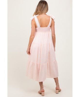 Maternity Light Pink Gingham Lace Trim Shoulder Tie Maxi Dress