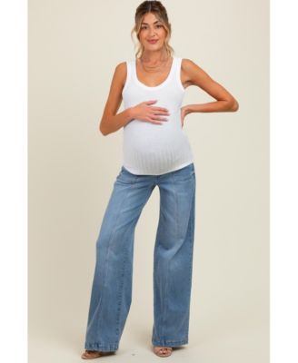Blue Front Seam Super Wide Leg Maternity Jeans