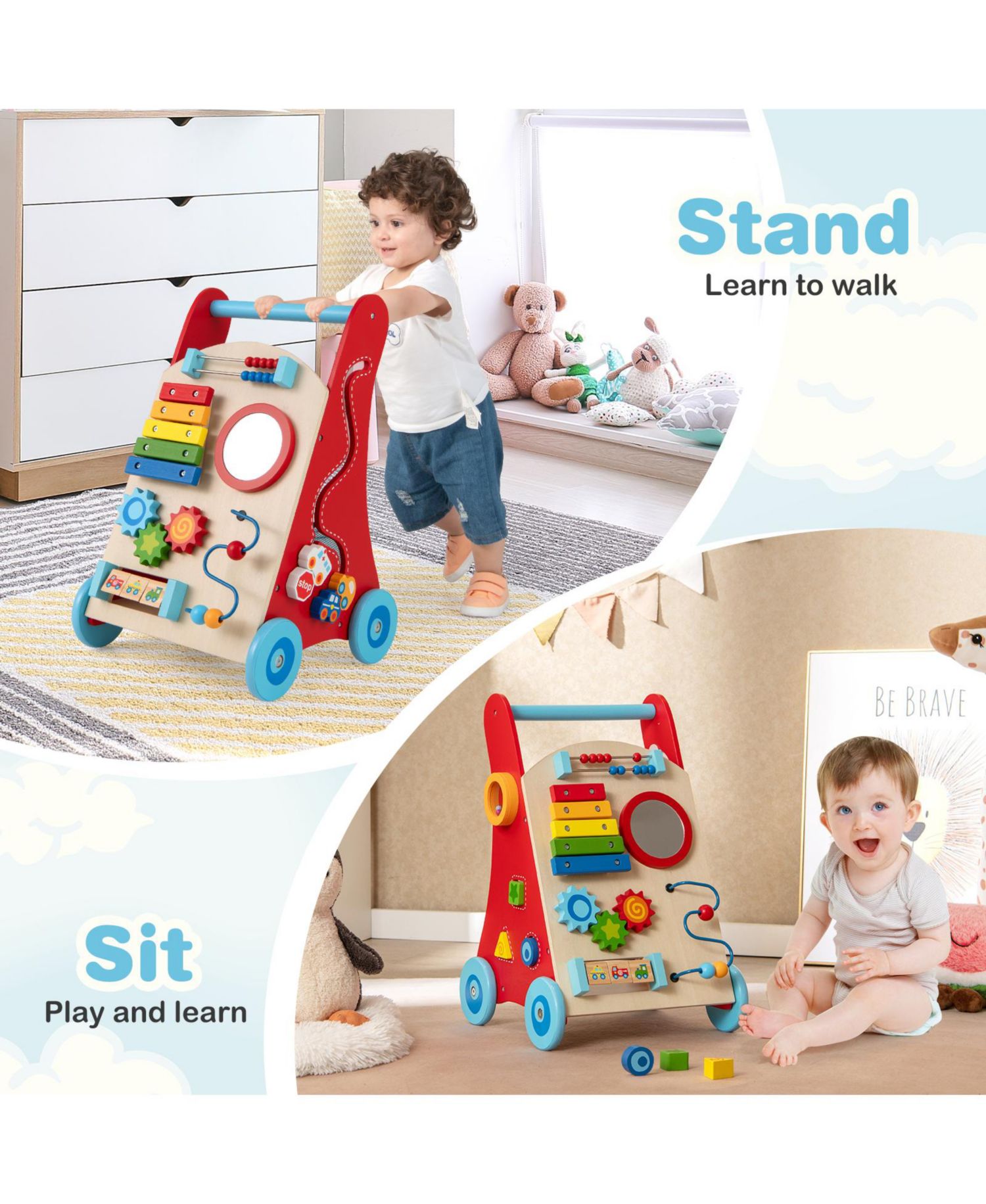 Wooden Baby Walker Baby Push Walker w/ Handle Storage and Wheels Walker Toy